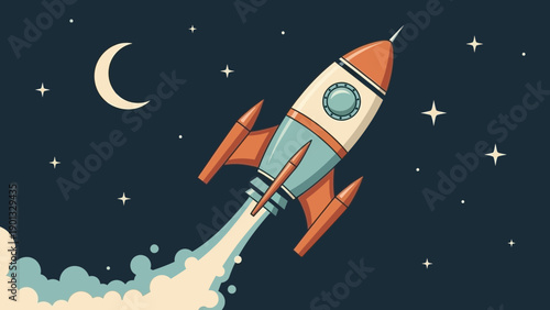 Rocket blasting off into starry night sky with crescent moon