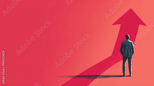 A businessman stands confidently, facing an upward arrow symbolizing growth and success against a vibrant red background.