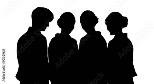 An anonymous silhouette portrait of a group of four people standing close together in profile. isolated on transparent background, Vector