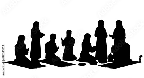 A silhouette illustration showing a group of muslims performing prayer rituals together isolated on transparent background, Vector