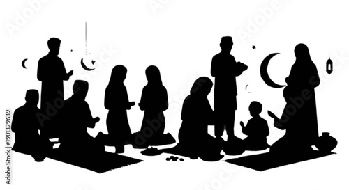 Silhouette illustration of a muslim community performing communal prayer for ramadan or eid al-fitr isolated on transparent background, Vector