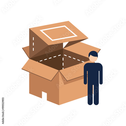Man standing next to an open cardboard box.