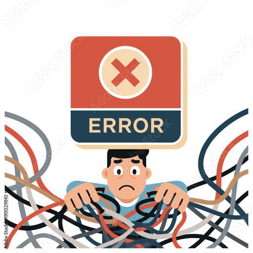 Frustrated man surrounded by tangled wires with error message.