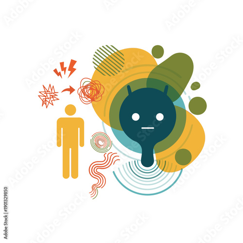 A person experiencing stress and anxiety with abstract shapes.