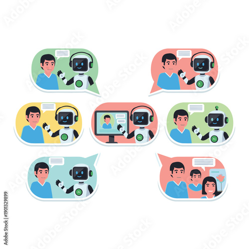 Cartoon people interacting with robots and computers in speech bubbles.