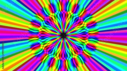 Abstract kaleidoscopic pattern with radiating rainbow stripes and floral motifs