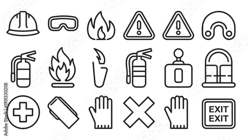 Minimalist safety icon set with helmets, goggles, fire hazards, extinguishers, first aid, and emergency signs, clean black line style, no text.