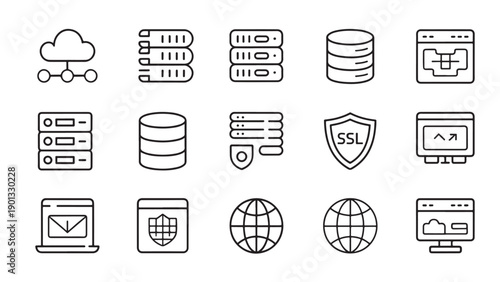 Minimalist cloud computing icon set with servers, databases, shields, email, and global connectivity, clean black-and-white line style, no text.