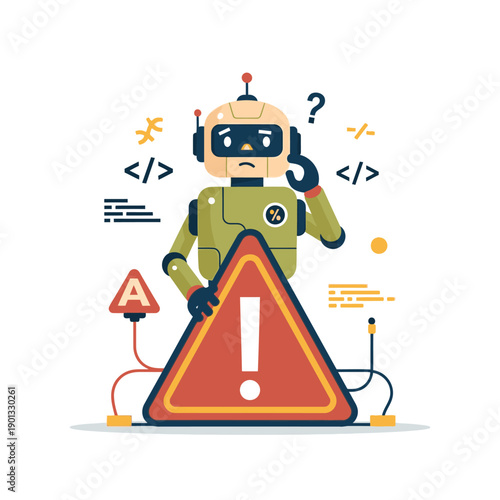 Robot experiencing technical difficulties with coding and warning signs.