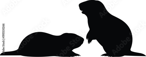 Silhouettes of two groundhog-like animals, one crouching and one upright, symbolizing wildlife, animal behavior, and nature on white background