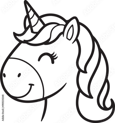 Cute unicorn face outline – Adorable cartoon unicorn line art vector illustration