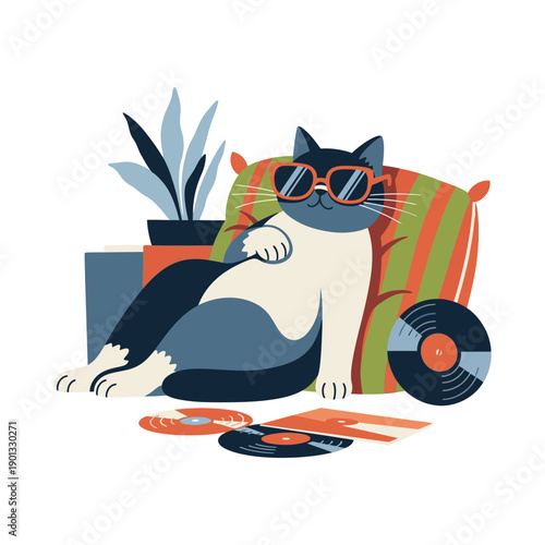 Relaxed cat wearing sunglasses surrounded by vinyl records.