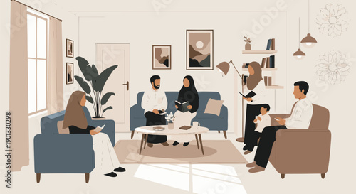 Warm Illustration of a Diverse Muslim Family Enjoying Time Together at Home