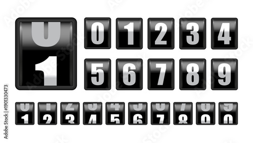 Flip Number Counter Set with Digits 0–9, Black Glossy Tiles for Scoreboard, Countdown, Timer, Statistics and UI Design Vector Illustration