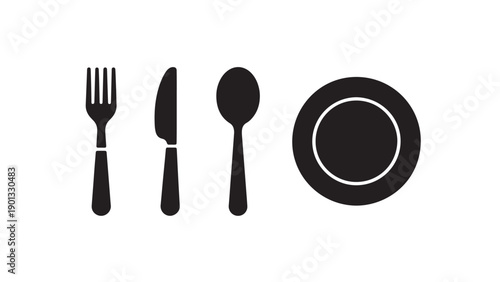 Minimalist dining icon set with fork, knife, spoon, and plate, clean black silhouette style, no text.