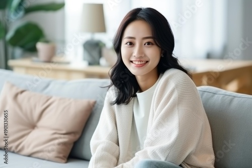 Young asian woman smiling while sitting on a cozy sofa in a bright living room Free Download Young asian woman smiling while sitting on a cozy sofa in a bright living room - GFXLoad