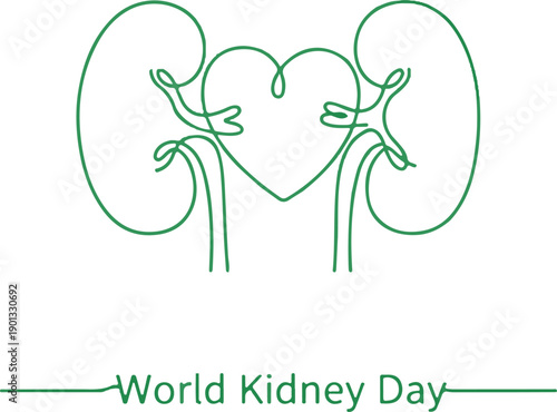 World Kidney Day line art illustration with heart and kidneys icon for health awareness
