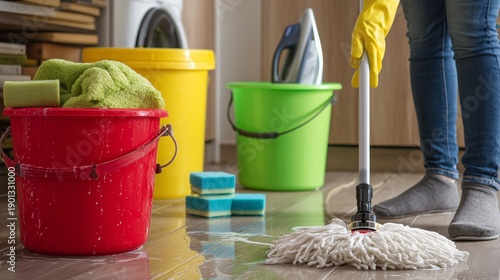 Wallpaper Mural Person mops floor in home with cleaning supplies in bright colored buckets during the day Torontodigital.ca