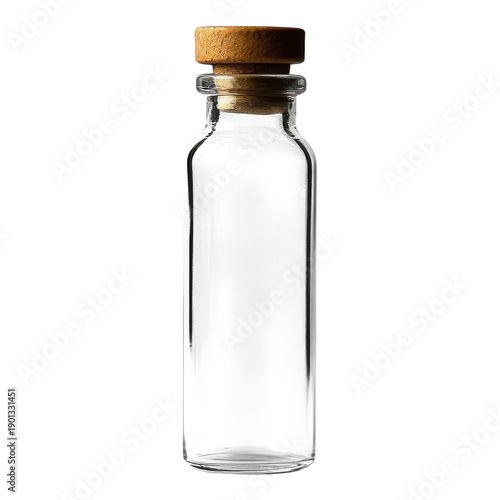 Clear glass bottle with cork top and no background on transparent background.