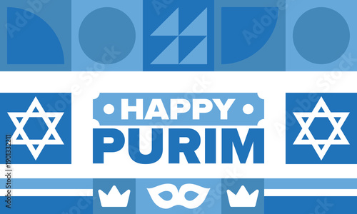 Purim. Happy Purim. Traditional Jewish religious holiday. Star of David, Carnival mask. Israel history. Сelebrated by a masquerade and festival. Poster art. Vector illustration