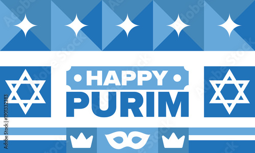 Purim. Happy Purim. Traditional Jewish religious holiday. Star of David, Carnival mask. Israel history. Сelebrated by a masquerade and festival. Poster art. Vector illustration