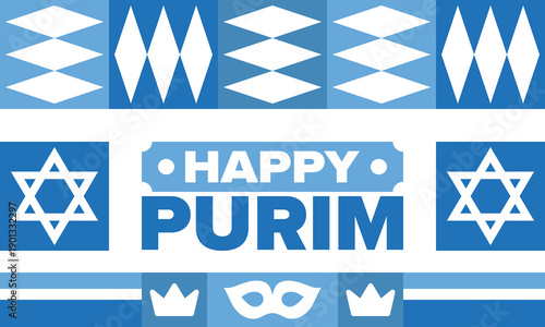 Purim. Happy Purim. Traditional Jewish religious holiday. Star of David, Carnival mask. Israel history. Сelebrated by a masquerade and festival. Poster art. Vector illustration