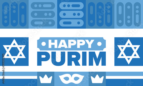 Purim. Happy Purim. Traditional Jewish religious holiday. Star of David, Carnival mask. Israel history. Сelebrated by a masquerade and festival. Poster art. Vector illustration