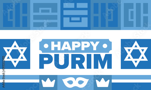 Purim. Happy Purim. Traditional Jewish religious holiday. Star of David, Carnival mask. Israel history. Сelebrated by a masquerade and festival. Poster art. Vector illustration