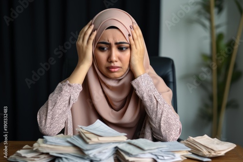 Wallpaper Mural Muslim woman wearing hijab feeling overwhelmed by financial paperwork and bills Torontodigital.ca