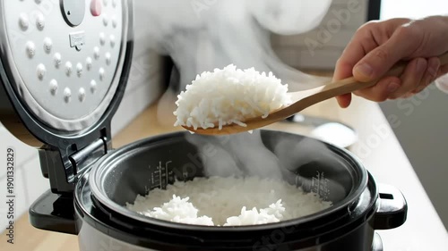 Close up of a wooden spoon scooping steaming white rice from a rice cooker. Freshly cooked fluffy rice in a modern kitchen appliance. Healthy food preparation concept