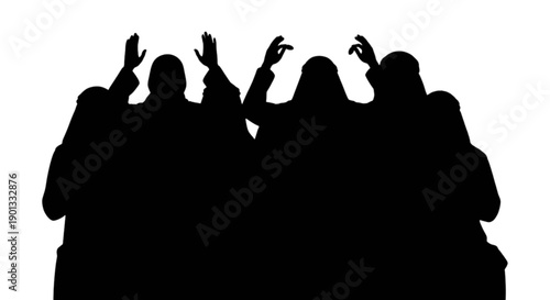 A silhouette of a group of people with hands raised in a gesture of prayer or praise isolated on transparent background, Vector