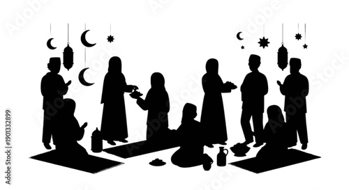 Silhouette illustration of a muslim family celebrating a religious event with traditional decorations isolated on transparent background, Vector