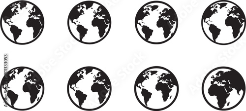 Earth globe icon set with hemispheres and continents, world map in globe shape, isolated vector design.