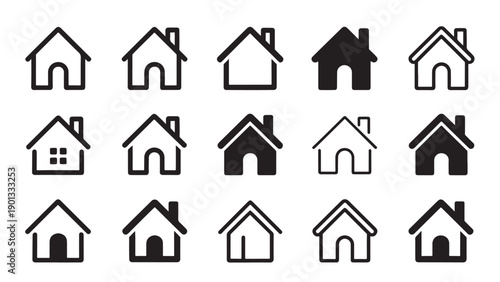 Minimalist house icon set with varied roof shapes, windows, doors, and chimneys, clean grid layout, black and white line style, no text.