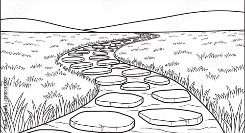 Serene Winding Stepping Stone Path Through a Peaceful Grassy Meadow Coloring Page