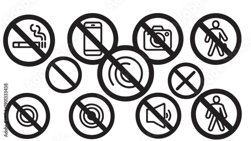 Minimal cinematic grid of prohibition icons, clean outlined style, professional stock footage look, soft neutral background, 4K resolution.