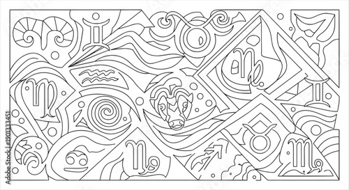 Abstract Zodiac Signs Mandala Coloring Page with Celestial and Astrological Symbols