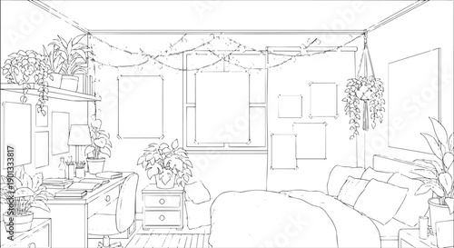 Aesthetic Bedroom Interior with Study Desk and Lush Indoor Plants Coloring Page