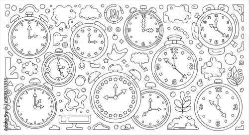 Collection of Various Clocks and Timepieces Doodle Coloring Page for All Ages