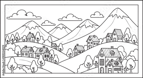 Charming Mountain Village Landscape with Cozy Houses and Rolling Hills Coloring Page