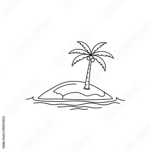 A sunny tropical island with palm trees by the blue ocean and sandy beach