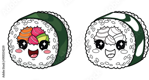 Cute kawaii sushi roll vector character set featuring colored and outline versions of smiling maki with salmon and avocado for coloring book or sticker design