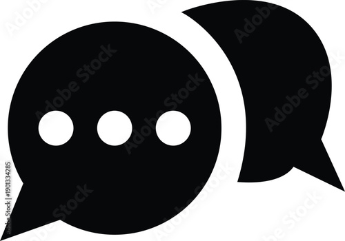 Trendy black vector icon depicting two overlapping speech bubbles, one with an ellipsis symbolizing active typing, instant messaging, and ongoing digital conversation flow in UI/UX design.