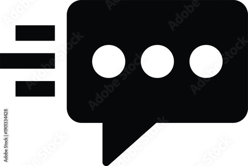 Dynamic black vector icon of a fast chat bubble with an ellipsis typing indicator and motion lines, symbolizing instant digital communication, rapid response, and quick messaging.