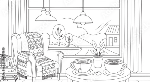 Cozy Living Room Interior with Armchair, Coffee, and Scenic Window View Coloring Page