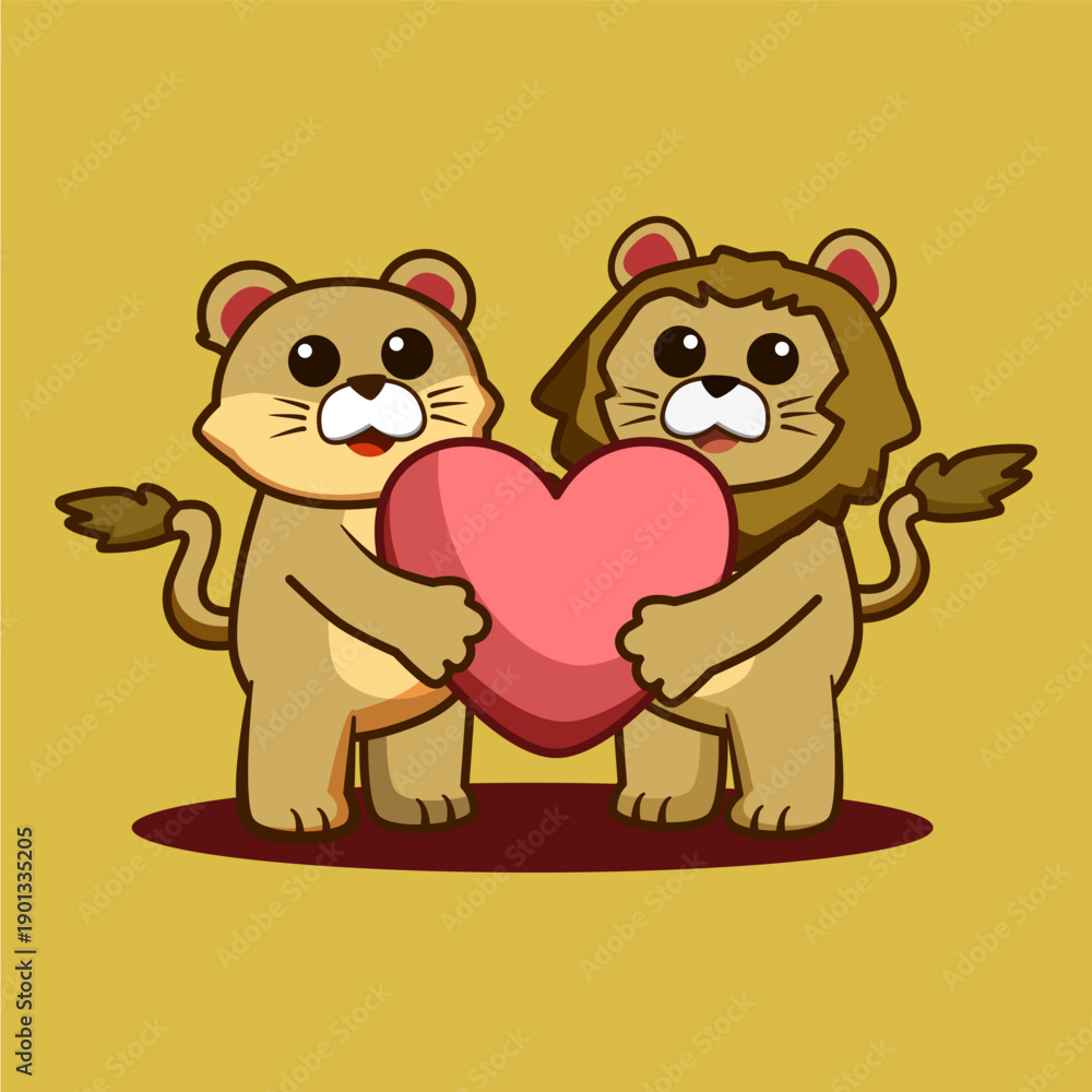 Fototapeta premium cute lion and lioness couple holding heart