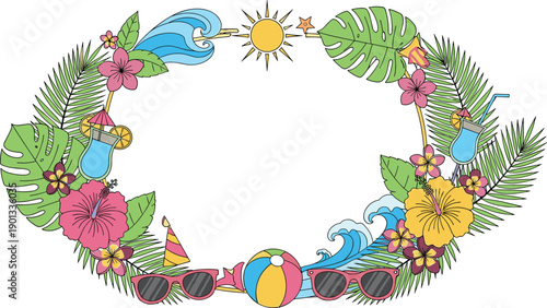Tropical summer frame with hibiscus flowers palm leaves ocean waves and beach accessories for vacation travel and seasonal party invitation backgrounds.