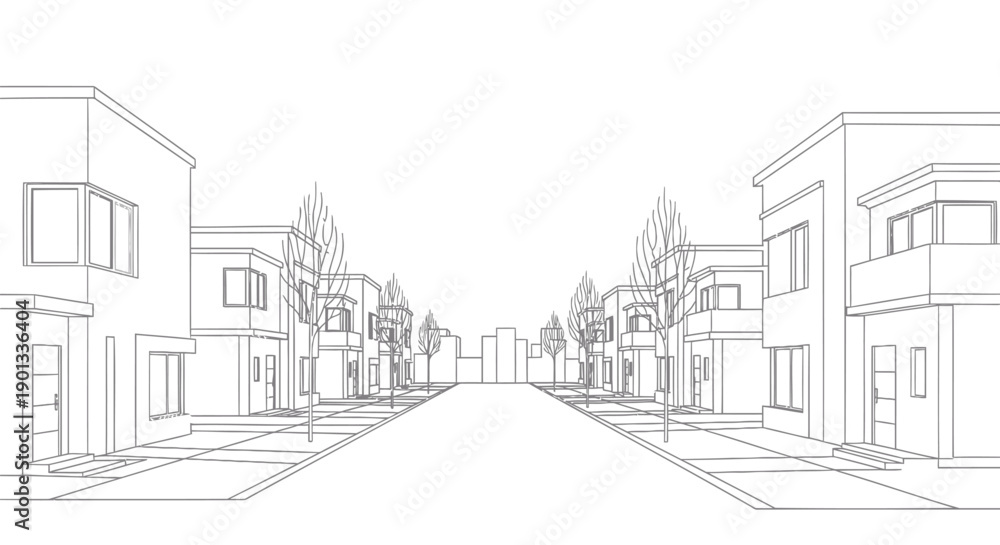Obraz premium vector illustration of a suburban street with houses and trees, for urban planning or architectural mockup, isolated on transparent background, png