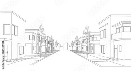 vector illustration of a suburban street with houses and trees, for urban planning or architectural mockup, isolated on transparent background, png