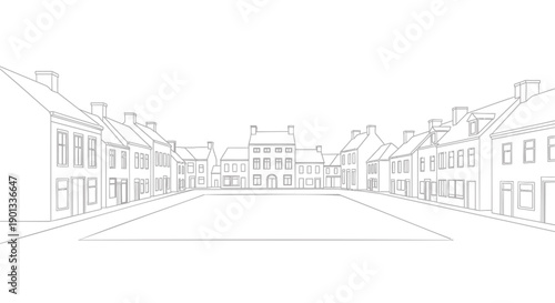 Vector illustration of a quaint town square with row houses and empty street, for mockup or background, Isolated on transparent background, png